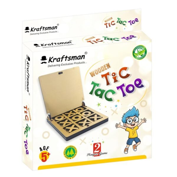 Kraftsman Wooden Tic Tac Toe Game for Kids & Adults | Portable Travel Board Game with Hinged Top Cover | Golden Mirror Finish