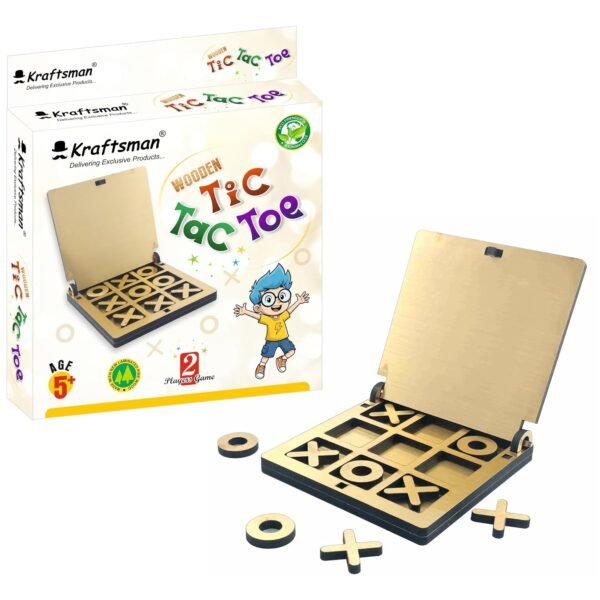 Kraftsman Wooden Tic Tac Toe Game for Kids & Adults | Portable Travel Board Game with Hinged Top Cover | Golden Mirror Finish
