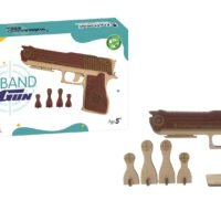 Kraftsman semi-automatic wooden rubber band shooting gun toy with target, dark brown top and beige base