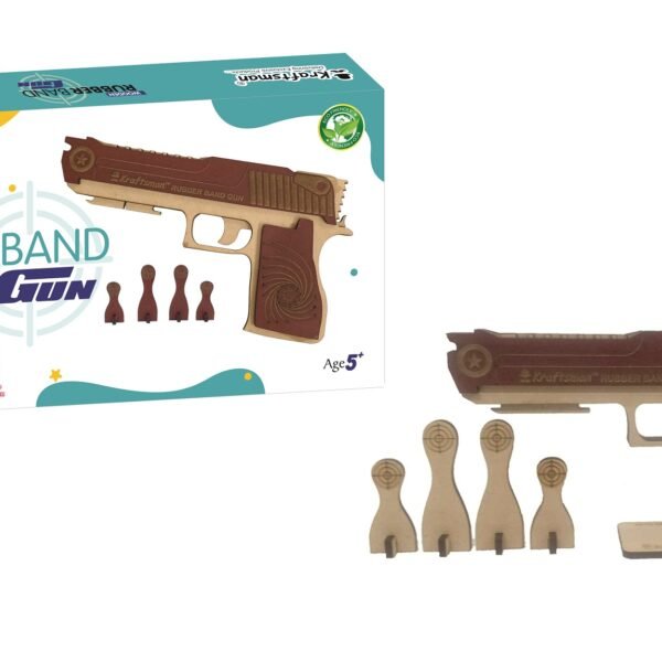 Kraftsman semi-automatic wooden rubber band shooting gun toy with target, dark brown top and beige base