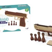 Kraftsman semi-automatic wooden rubber band shooting gun toy with target, beige top and dark brown base