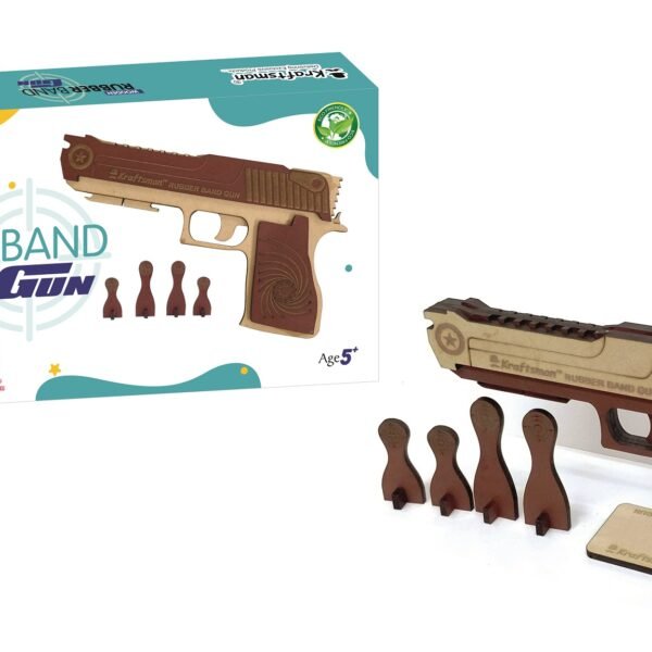 Kraftsman semi-automatic wooden rubber band shooting gun toy with target, beige top and dark brown base