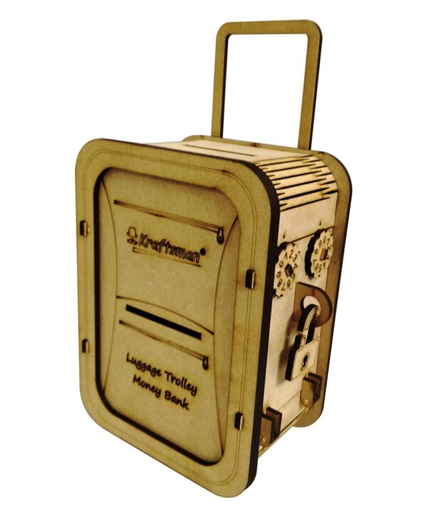 Kraftsman Wooden Money Safe Luggage Trolley Style Side angle with 2 digit password system