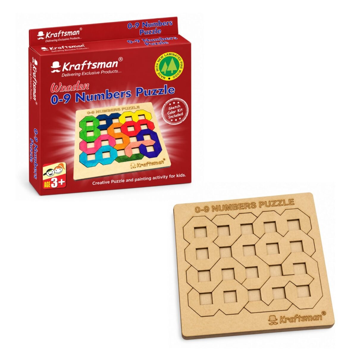 Kraftsman wooden 0–9 numbers puzzle for kids with colourful number pieces and matching tray