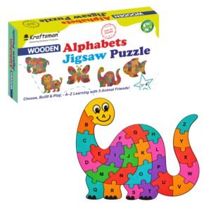 Kraftsman Wooden Dinosaur Alphabet Jigsaw Puzzle for Kids | Color Kit Included