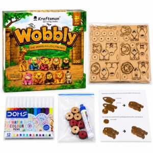 Kraftsman Wobbly Wooden Animal Toy DIY kit with wooden animal pieces, 12 colour pens, wobble discs and glue stick