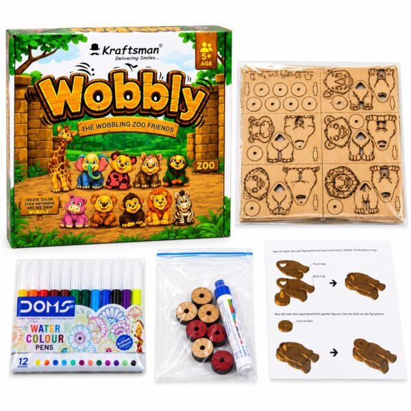 Kraftsman Wobbly Wooden Animal Toy DIY kit with wooden animal pieces, 12 colour pens, wobble discs and glue stick