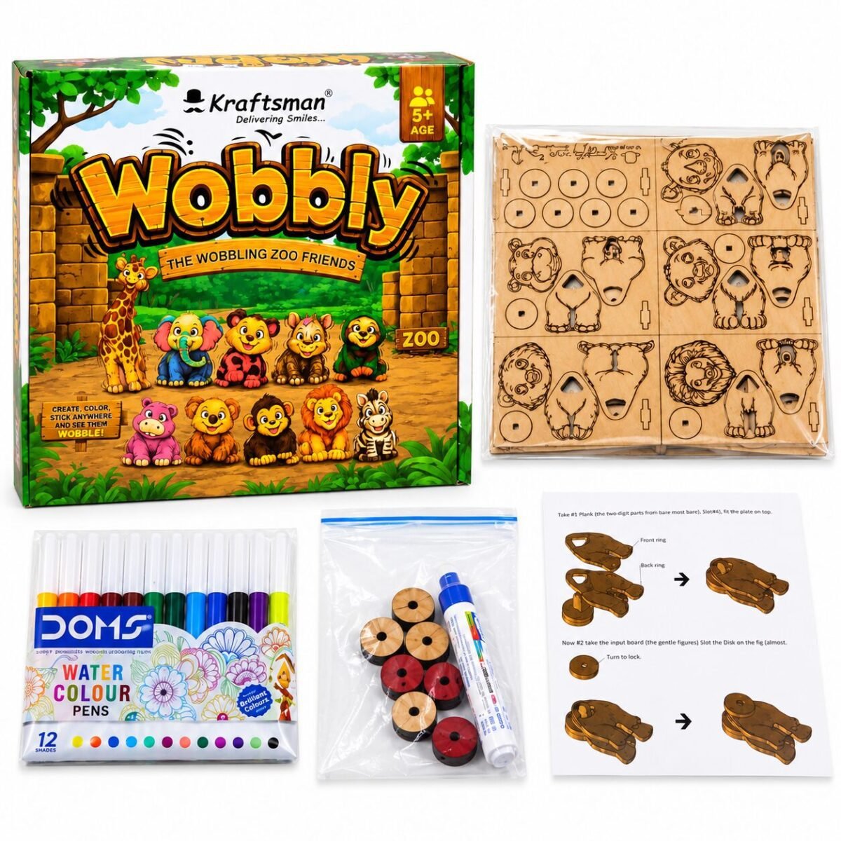 Kraftsman Wobbly Wooden Animal Toy DIY kit with wooden animal pieces, 12 colour pens, wobble discs and glue stick