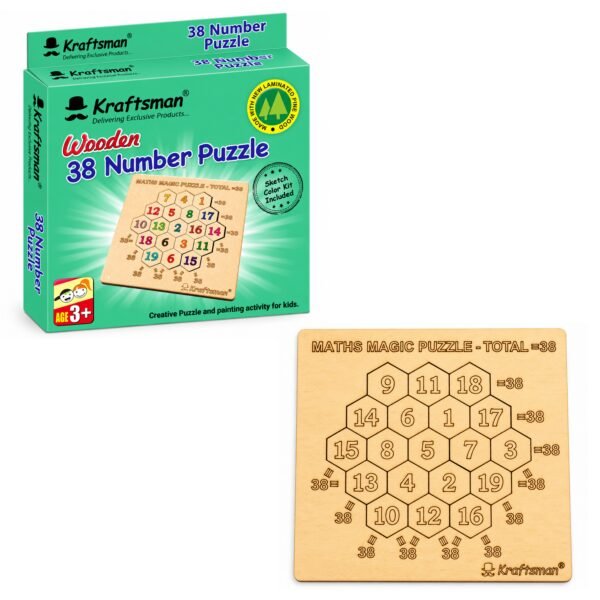 Kraftsman wooden 38 number maths magic puzzle with numbered hexagonal pieces and wooden puzzle board
