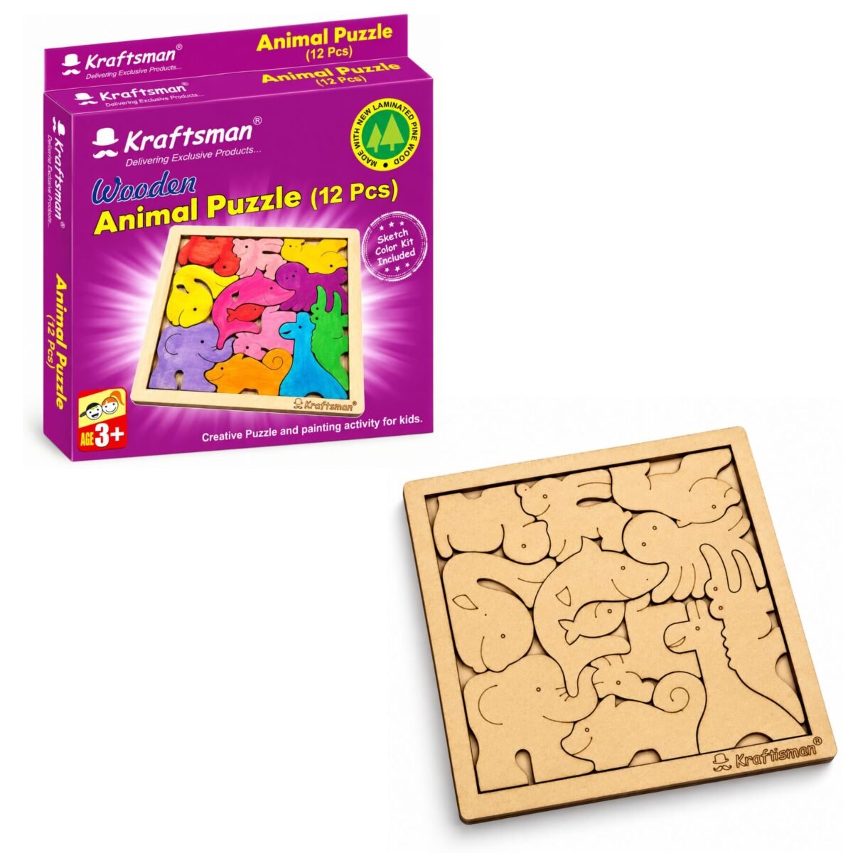 Kraftsman 12-piece wooden animal puzzle for kids with natural wood animal shapes in a square tray