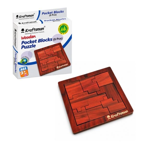 Kraftsman Wooden Pocket Blocks Puzzle (9 Pcs) – Brain Teaser for Kids