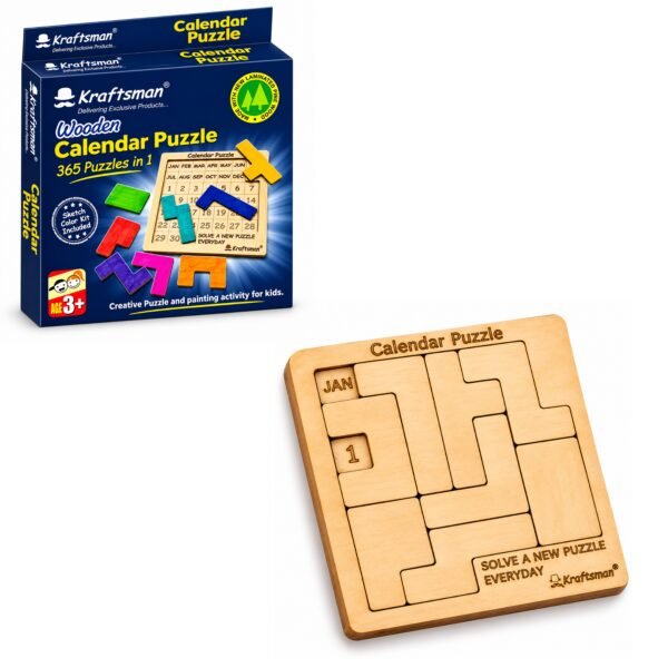 Wooden calendar puzzle by Kraftsman with six colorful wooden pieces and 365 daily date challenges