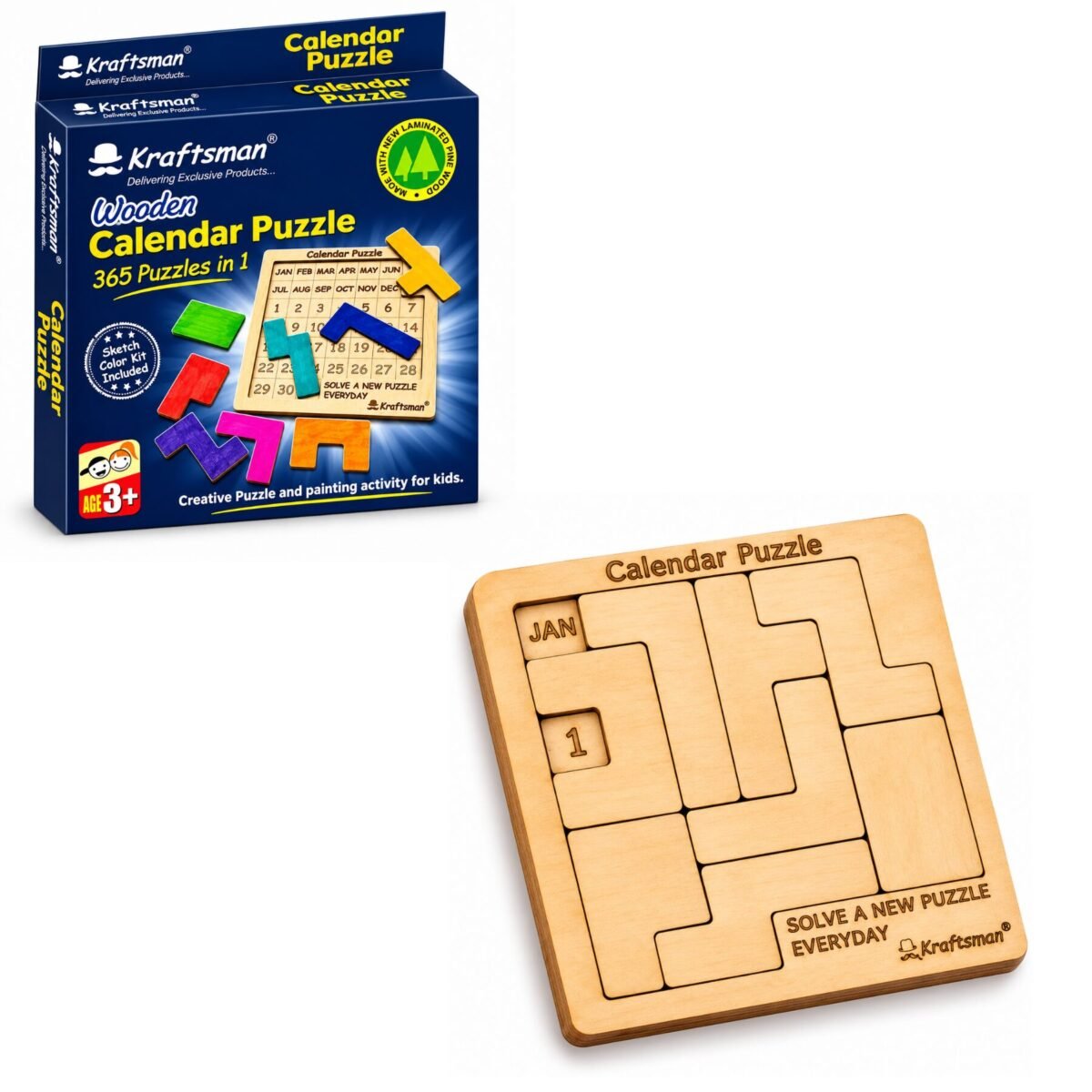 Wooden calendar puzzle by Kraftsman with six colorful wooden pieces and 365 daily date challenges
