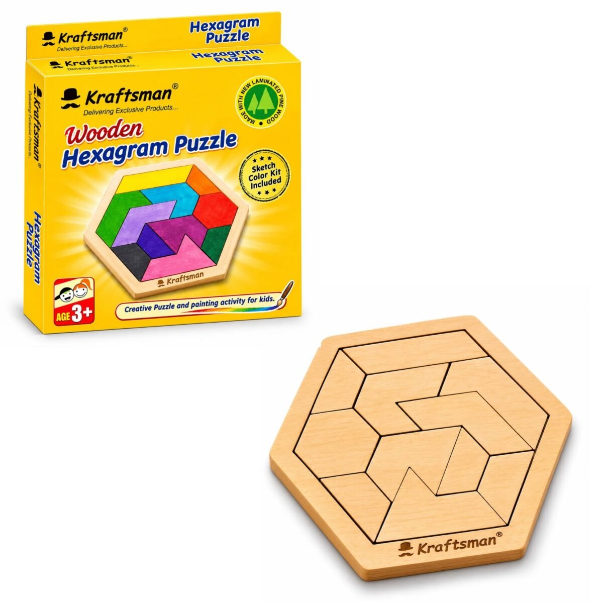 Kraftsman wooden hexagram puzzle for kids with colorful geometric pieces in a 5.5-inch wooden board