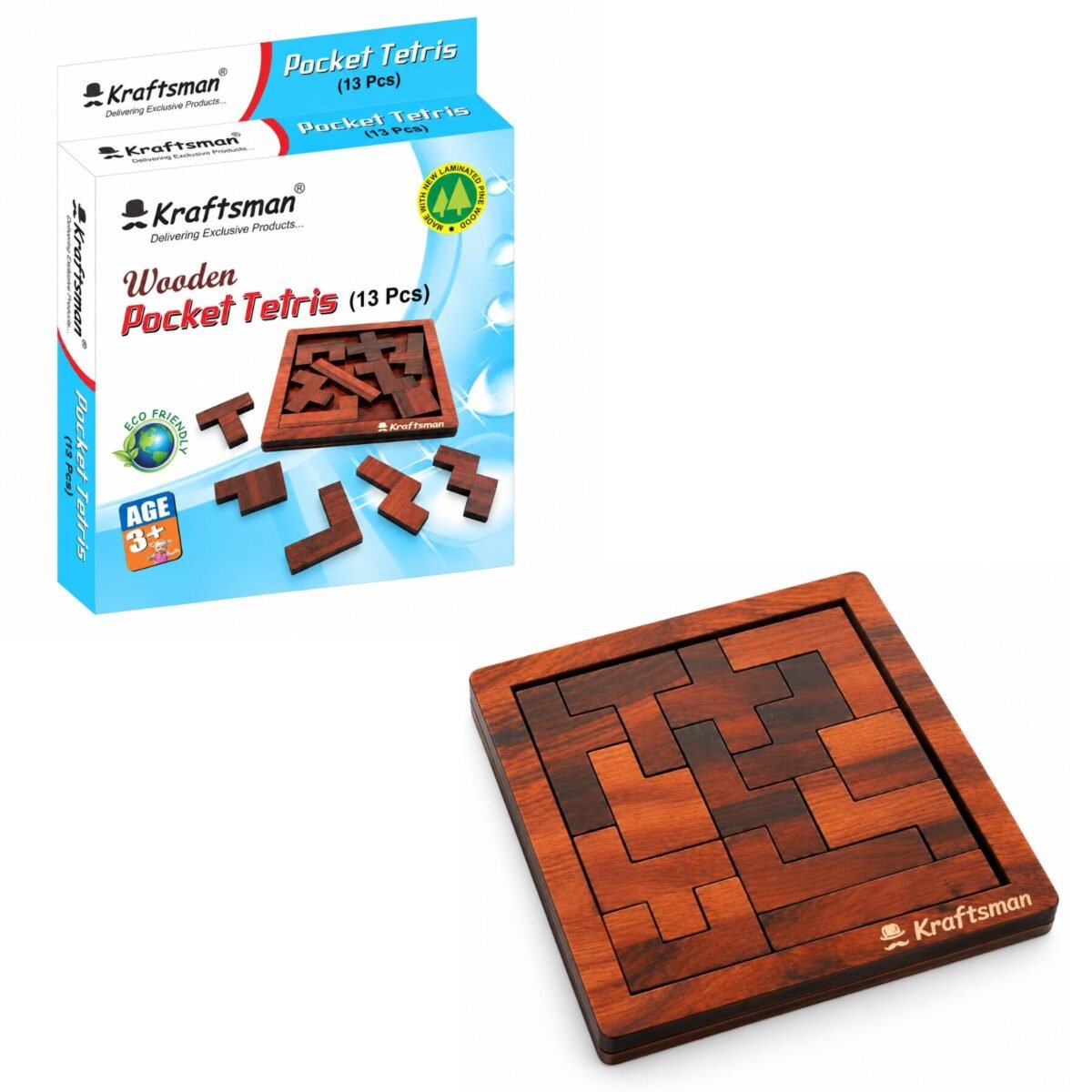 Kraftsman Wooden Tetris Puzzle (13 Pcs) – Brain Teaser for Kids