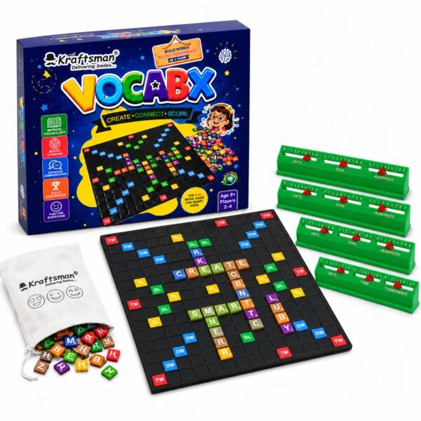 Kraftsman VOCABX educational word board game for kids with letter tiles, black grid board, four green scoring racks and storage pouch