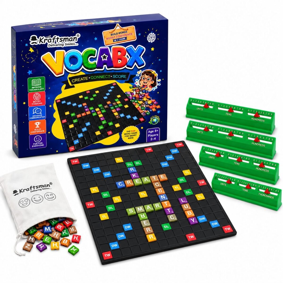 Kraftsman VOCABX educational word board game for kids with letter tiles, black grid board, four green scoring racks and storage pouch