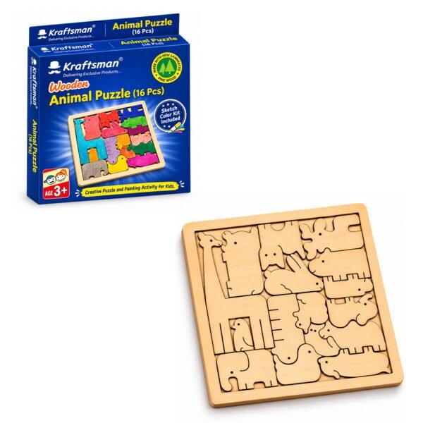 Kraftsman 16-piece wooden animal puzzle for kids with colorful animal shapes in a wooden tray